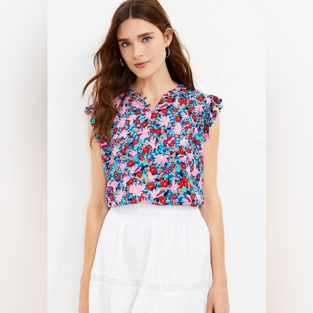 LOFT PINK FLORAL RUFFLE DETAIL BUTTON FRONT TANK TOP BLOUSE SIZE EXTRA SMALL